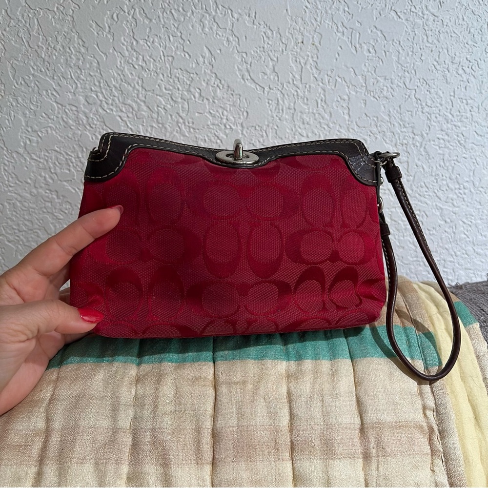 Coach monogram vintage canvas and leather wristlet; red & brown